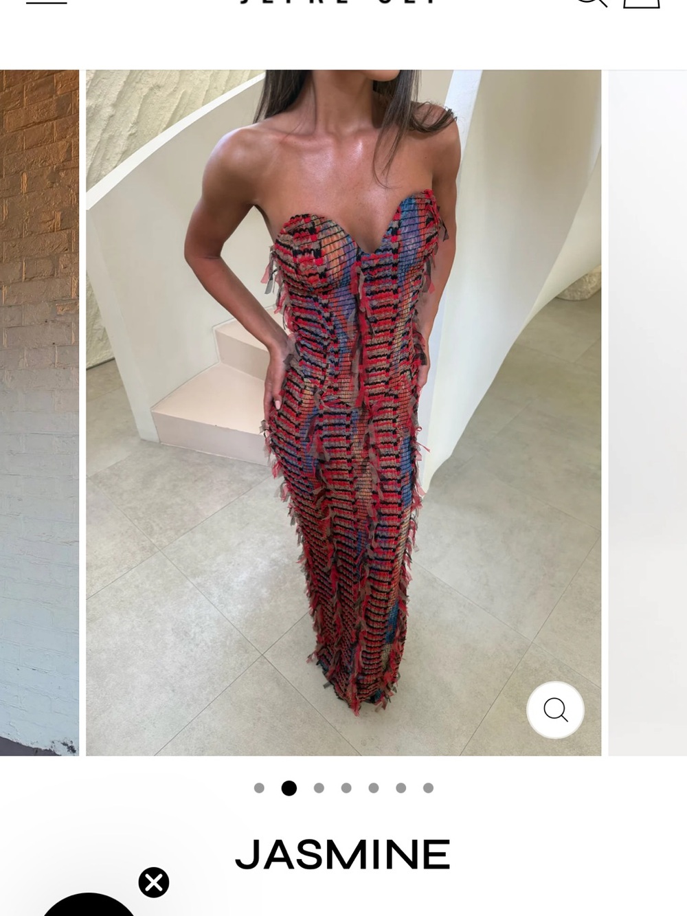 JASMINE Strapless Fringe Column Gown in Red and Blue